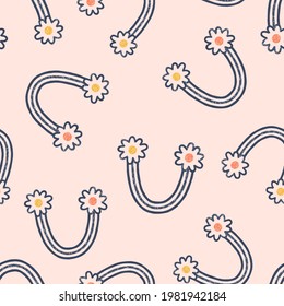 Floral rainbow vector seamless pattern. Simple linear arch with naive daisy flowers neutral background. Boho hippie vibes calico print design.