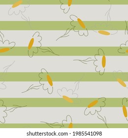 Floral random seamless pattern with yellow outline daisy flowers elements. Green and grey striped background. Perfect for fabric design, textile print, wrapping, cover. Vector illustration.