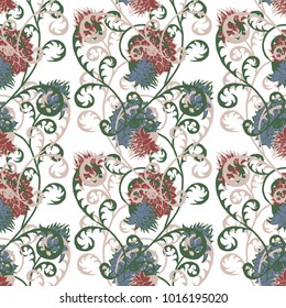 Floral Rapport for Wallpaper or Fabric. Seamless Pattern in Vintage Style with Big Flowers of Michaelmas Daisy or Aster. Natural Ornament on White Background