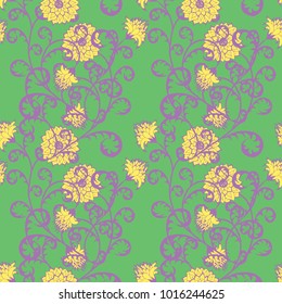 Floral Rapport for Wallpaper or Fabric. Seamless Pattern in Vintage Style with Big Flowers of Michaelmas Daisy or Aster. Natural Ornament in Retro Faded Colors