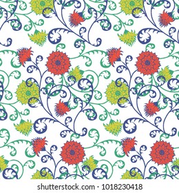 Floral Rapport for Wallpaper or Fabric. Seamless Pattern in Vintage Style with Big Flowers of Michaelmas Daisy or Aster. Natural Ornament on White Background