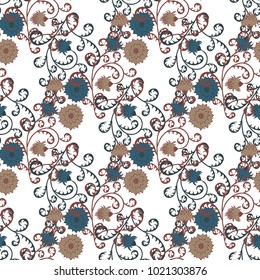 Floral Rapport for Wallpaper or Fabric. Seamless Pattern in Vintage Style with Big Flowers of Michaelmas Daisy or Aster. Natural Ornament on White Background