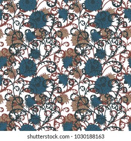 Floral Rapport for Wallpaper or Fabric. Seamless Pattern in Vintage Style with Big Flowers of Michaelmas Daisy or Aster. Natural Ornament on White Background