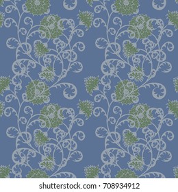 Floral Rapport for Wallpaper or Fabric. Seamless Pattern in Vintage Style with Big Flowers of Michaelmas Daisy or Aster. Natural Ornament in Retro Faded Colors