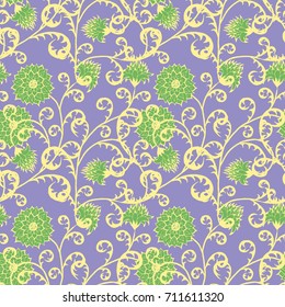 Floral Rapport for Wallpaper or Fabric. Seamless Pattern in Vintage Style with Big Flowers of Michaelmas Daisy or Aster. Natural Ornament in Retro Faded Colors