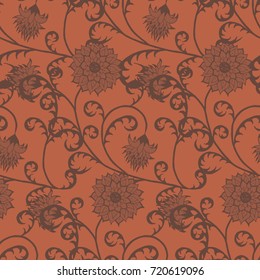 Floral Rapport for Wallpaper or Fabric. Seamless Pattern in Vintage Style with Big Flowers of Michaelmas Daisy or Aster. Natural Ornament in Retro Faded Colors