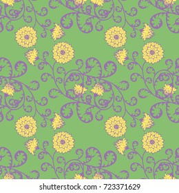 Floral Rapport for Wallpaper or Fabric. Seamless Pattern in Vintage Style with Big Flowers of Michaelmas Daisy or Aster. Natural Ornament in Retro Faded Colors