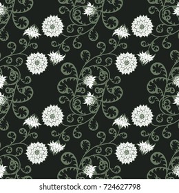 Floral Rapport for Wallpaper or Fabric. Seamless Pattern in Vintage Style with Big Flowers of Michaelmas Daisy or Aster. Natural Ornament in Retro Faded Colors