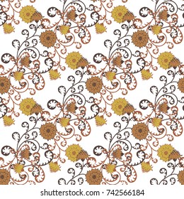 Floral Rapport for Wallpaper or Fabric. Seamless Pattern in Vintage Style with Big Flowers of Michaelmas Daisy or Aster. Natural Ornament on White Background