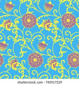 Floral Rapport for Wallpaper or Fabric. Seamless Pattern in Vintage Style with Big Flowers of Michaelmas Daisy or Aster. Natural Ornament in Retro Faded Colors