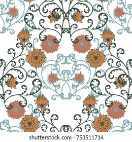 Floral Rapport for Wallpaper or Fabric. Seamless Pattern in Vintage Style with Big Flowers of Michaelmas Daisy or Aster. Natural Ornament on White Background