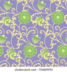 Floral Rapport for Wallpaper or Fabric. Seamless Pattern in Vintage Style with Big Flowers of Michaelmas Daisy or Aster. Natural Ornament in Retro Faded Colors