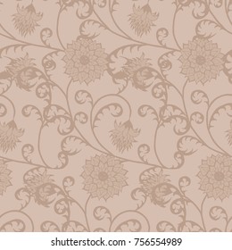Floral Rapport for Wallpaper or Fabric. Seamless Pattern in Vintage Style with Big Flowers of Michaelmas Daisy or Aster. Natural Ornament in Retro Faded Colors