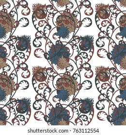 Floral Rapport for Wallpaper or Fabric. Seamless Pattern in Vintage Style with Big Flowers of Michaelmas Daisy or Aster. Natural Ornament on White Background