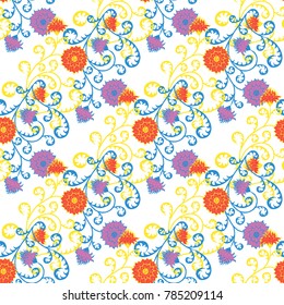 Floral Rapport for Wallpaper or Fabric. Seamless Pattern in Vintage Style with Big Flowers of Michaelmas Daisy or Aster. Natural Ornament on White Background