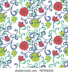 Floral Rapport for Wallpaper or Fabric. Seamless Pattern in Vintage Style with Big Flowers of Michaelmas Daisy or Aster. Natural Ornament on White Background