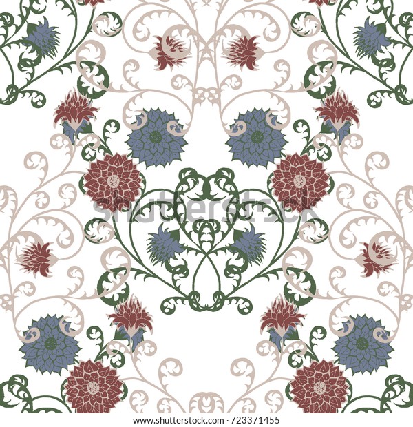 Floral Rapport for Wallpaper or Fabric. Seamless Pattern in Vintage Style with Big Flowers of Michaelmas Daisy or Aster. Natural Ornament on White Background