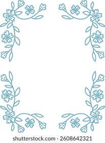 A floral rectangle frame with delicate line art featuring flowers and leaves in each corner. Elegant botanical elements form a symmetrical border design. Cartoon vector illustration.