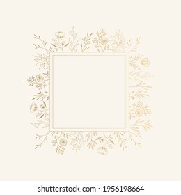 Floral Rectangle Frame. Golden Flowers And Leaves Decoration. 