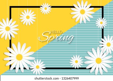 Floral rectangle frame of spring season frame hang with white flowers in paper craft style and Hello Spring text on yellow and light blue background. Vector illustration.