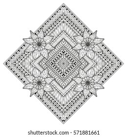 Floral rectangle Vector tattoo. Perfect card for any kind of design, birthday and other holiday, kaleidoscope, medallion, coloring book. Yoga, india, arabic, Islam motifs. Black and white background.