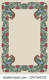 Floral rectangular frame with birds. Fairy tale style decorative border. Vertical orientation. Vintage color palette. Hand drawn image isolated on monochrome background. EPS10 vector illustration