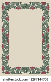 Floral rectangular frame. Fairy tale style decorative border. Vertical orientation. Vintage color palette. Hand drawn image isolated on monochrome background. EPS10 vector illustration