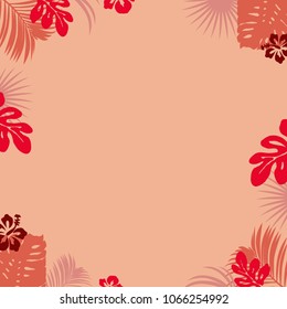 Floral red background with tropical leaves 