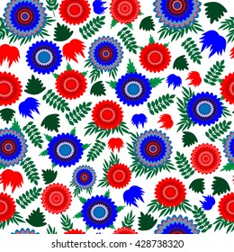 Floral red and blue seamless pattern with birds. Colorful illustration.