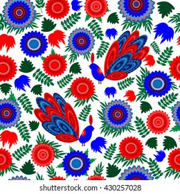 Floral red and blue seamless pattern with birds. Colorful Peacock. Ornaments  for paper, print, web, fabric, invitations, cards