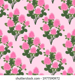 Floral Red clover seamless pattern. Cute pink flowers Trifolium background. Summer concept. Design element for textile, fabrics, scrapbooking, wallpaper and etc. Vector illustration.