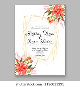 Floral red dahlia peony wedding invitation vector printable card template Bridal shower bouquet flower marriage ceremony wording text