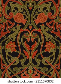 Fondo floral rojo y verde. Patrón sin foco con aves estilizadas y granadas.