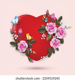 Floral red heart with pink roses, other colored small flowers and butterflies on a pink background. Vector illustration for Valentine day, wedding card or World Heart Day concept banner design.