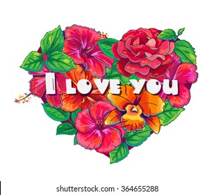 Floral red heart with text I love you illustration. i love you with roses and hibiscus flowers