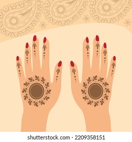 Floral Red Henna Mehndi Hands Vector Illustration With Black Ornamental Mandala Background, Hand Drawn Henna Vector Design