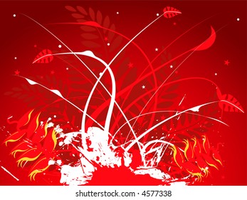 Floral red hot summer background with different leaves and fauna
