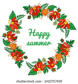 Floral red meadow elements with cute bouquets of bright wildflowers. Stylized wreath of meadow flowers. Round floral elements for your greeting cards, design, wedding announcements.