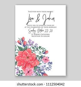 Floral red pink peony wedding invitation vector card template printable background