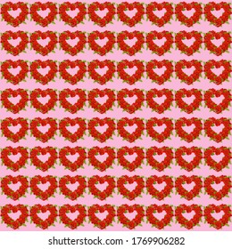 Floral red rose heart shape seamless, repeat pattern on pink background.
