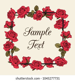Floral red roses framewith sample text on beige background. Vector illustration