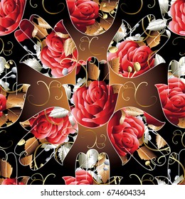 Floral red roses seamless pattern. Black background with ornamental Hamsa Hand of Fatima, 3d  flowers, swirl gold leaves. Vector floral texture for wallpapers, textile, fabrics. Hamsa hand of Fatima