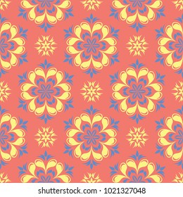 Floral red seamless pattern. Bright colored background with yellow and blue flower elements for wallpapers, textile and fabrics