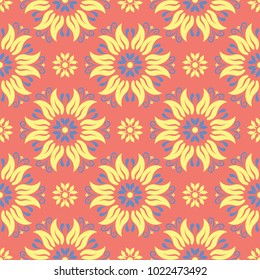 Floral red seamless pattern. Bright colored background with yellow and blue flower elements for wallpapers, textile and fabrics