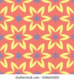 Floral red seamless pattern. Bright colored background with yellow and blue flower elements for wallpapers, textile and fabrics