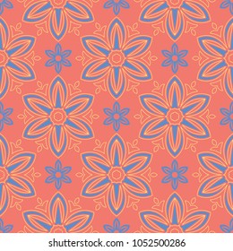 Floral red seamless pattern. Bright colored background with yellow and blue flower elements for wallpapers, textile and fabrics