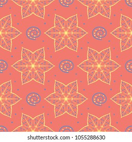 Floral red seamless pattern. Bright colored background with yellow and blue flower elements for wallpapers, textile and fabrics