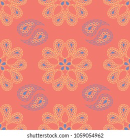 Floral red seamless pattern. Bright colored background with yellow and blue flower elements for wallpapers, textile and fabrics