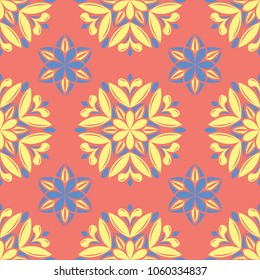 Floral red seamless pattern. Bright colored background with yellow and blue flower elements for wallpapers, textile and fabrics