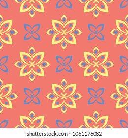 Floral red seamless pattern. Bright colored background with yellow and blue flower elements for wallpapers, textile and fabrics